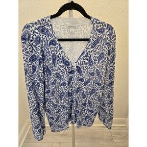 Liz Claiborne Vintage Y2K XL Blue White Paisley Print Pullover V-Neck Sweater